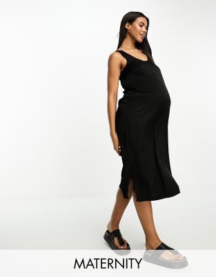 Mamalicious Maternity satin midi dress in black | ASOS