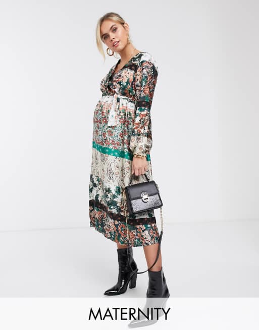 Mamalicious Maternity satin midi dress in mixed paisley print