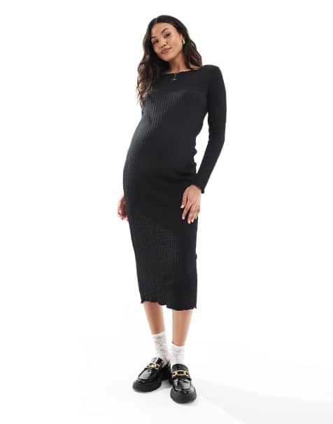 Mamalicious Maternity – Satin-Midikleid in Schwarz mit U-Boot-Ausschnitt, Umstandsmode - view 1