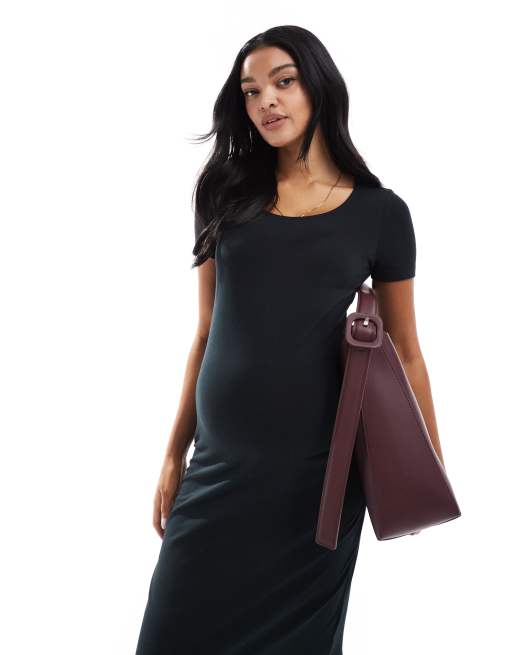 Mamalicious Maternity scoop neck short sleeve jersey midi dress in black, 2 of 4