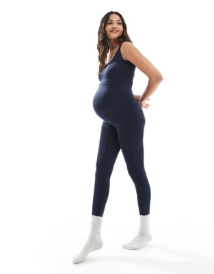 Mamalicious Maternity seamless leggings in dark sapphire - part of a set-Navy