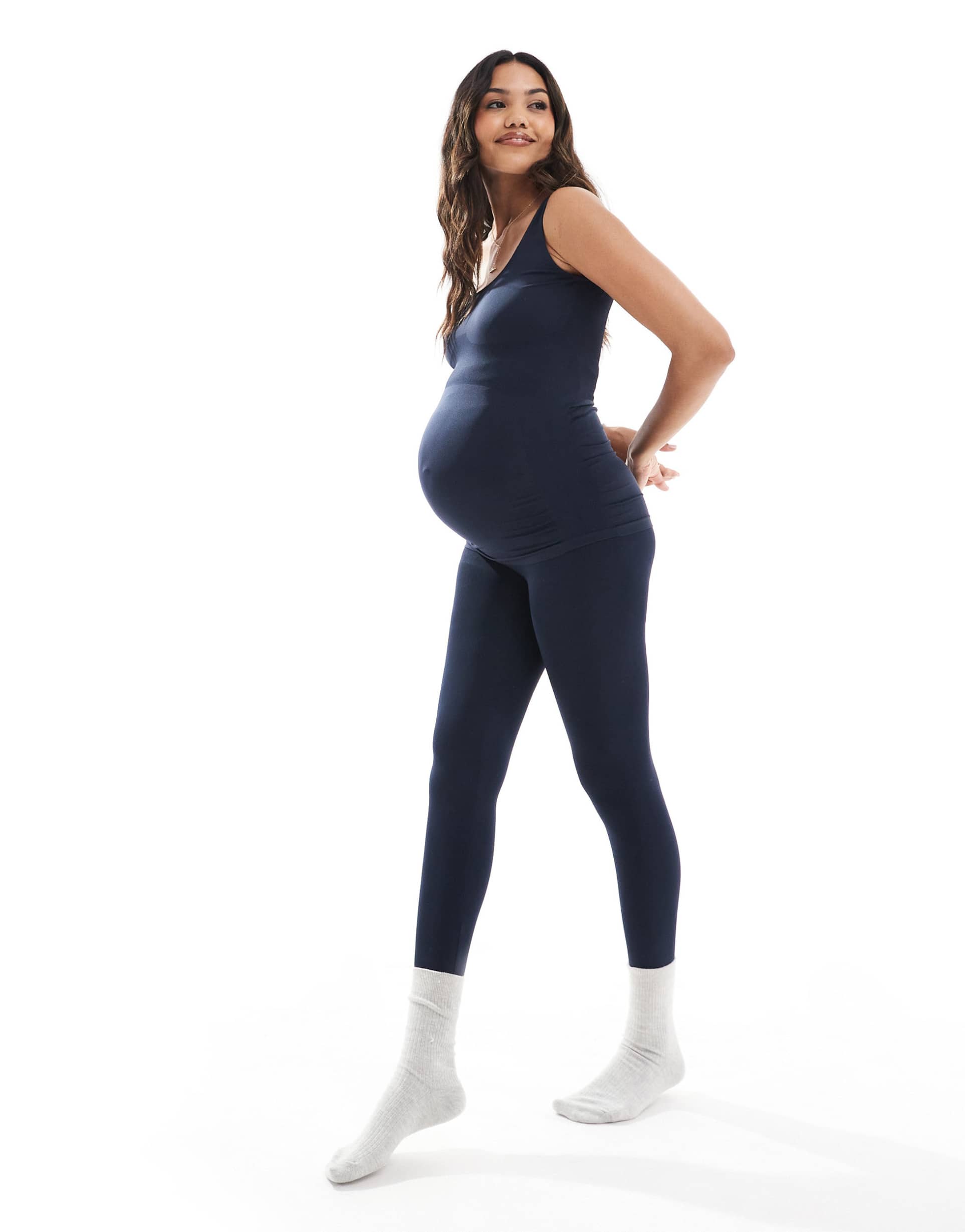 mamalicious maternity seamless leggings in dark sapphire - part of a set