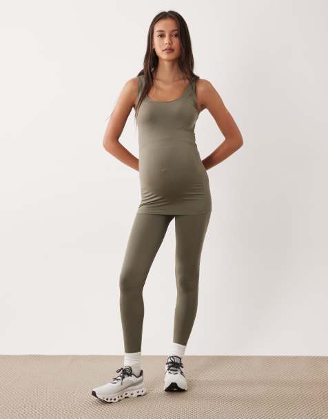 Mamalicious Maternity seamless singlet top and seamless leggings set in khaki - view 1