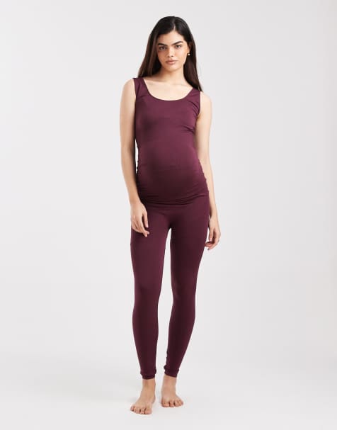 Mamalicious Maternity seamless tank top and leggings set in burgundy - view 1