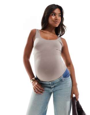 Mamalicious Maternity seamless tank top in taupe-Neutral