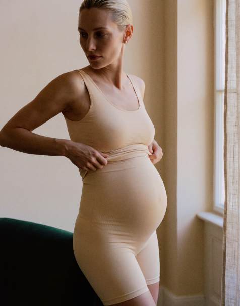 Mamalicious Maternity seamless vest top and shorts set in beige - view 1