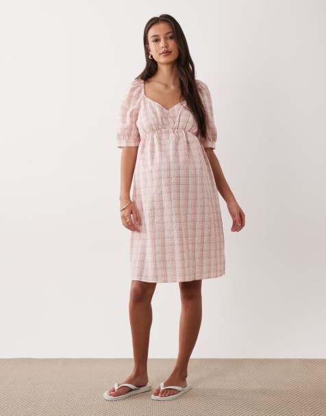 Mamalicious Maternity seersucker puff sleeve ruched front dress in pink check print