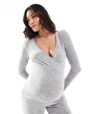 Mamalicious Maternity - Set aus superweicher Jogginghose mit Wickeloberteil in meliertem Hellgrau, Kombiteil, Umstandsmo...