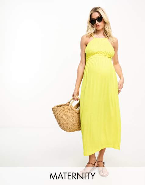 Mamalicious Maternity shirred bodice cami midi dress in yellow 