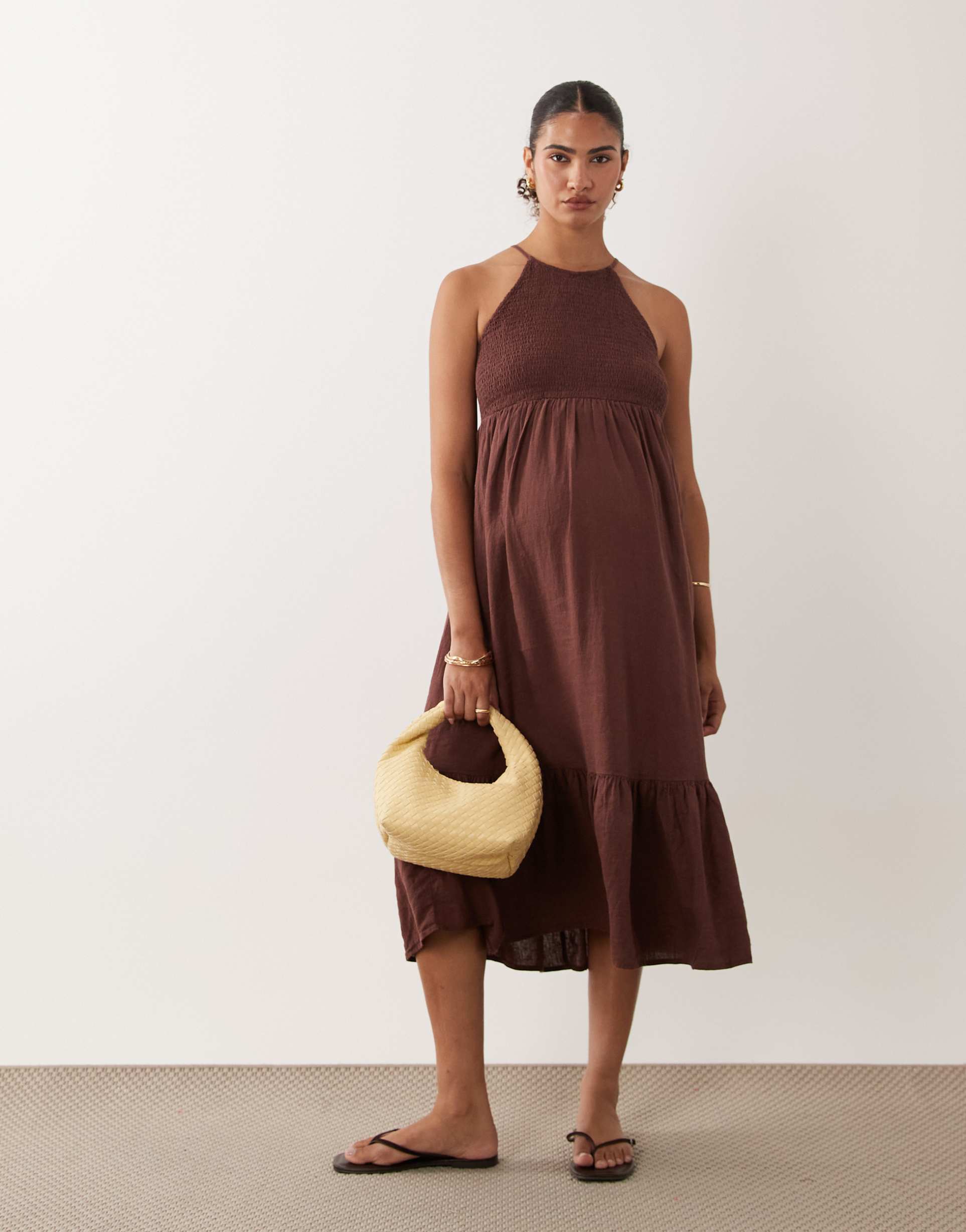 mamalicious maternity shirred bodice tiered skirt cami midi dress in chocolate