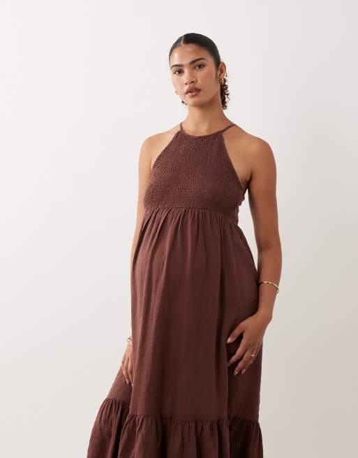 Mamalicious Maternity shirred bodice tiered skirt cami midi dress in  chocolate | ASOS