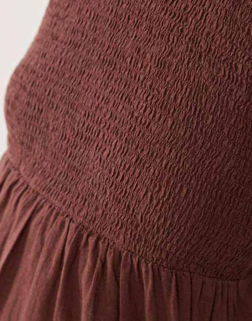 Mamalicious Maternity shirred bodice tiered skirt cami midi dress in chocolate, 4 of 4