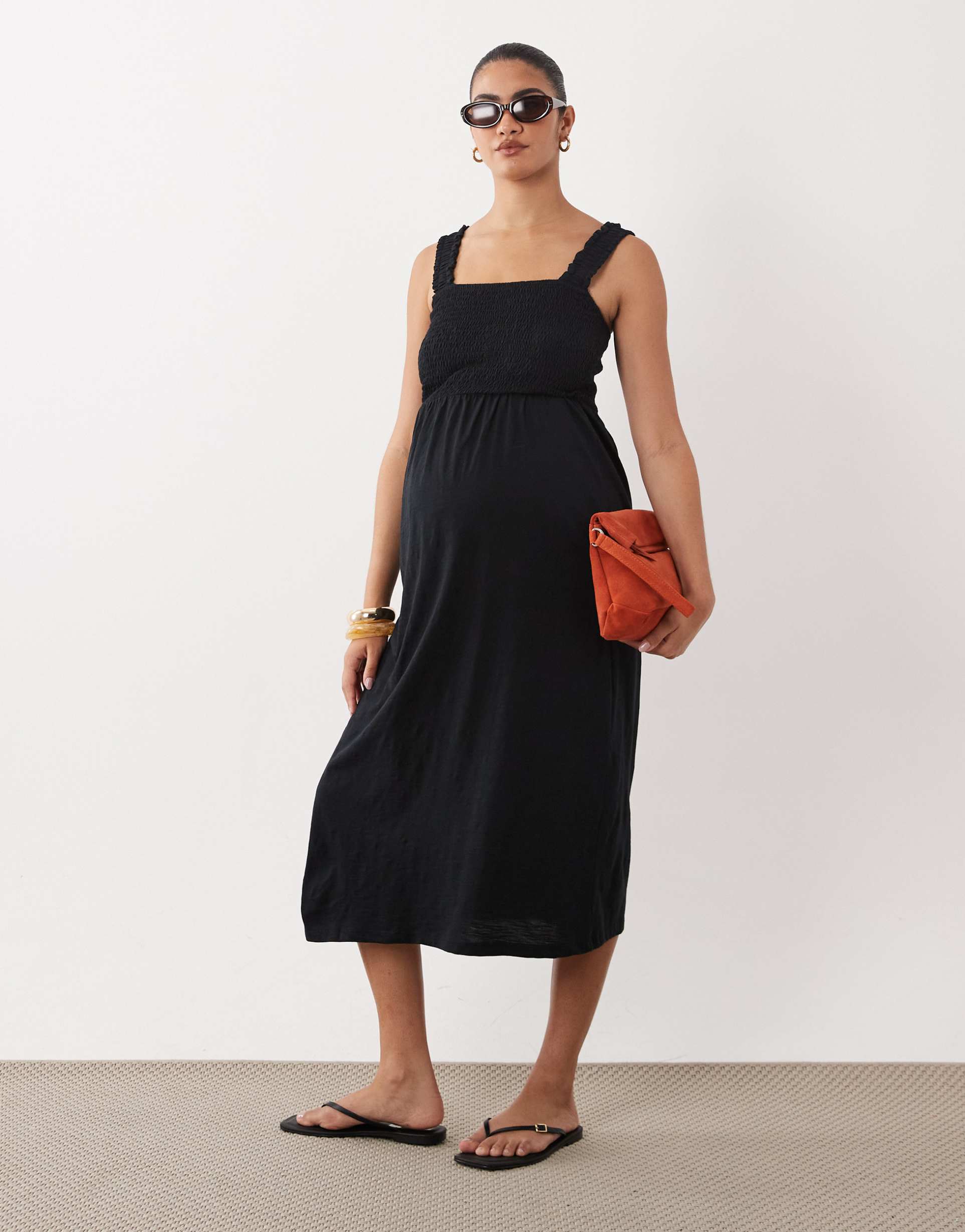 mamalicious maternity shirred bust detail midi dress in black