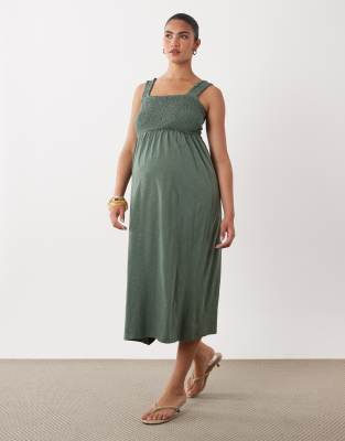 Mama.licious Mamalicious Maternity Shirred Bust Detail Midi Dress In Green