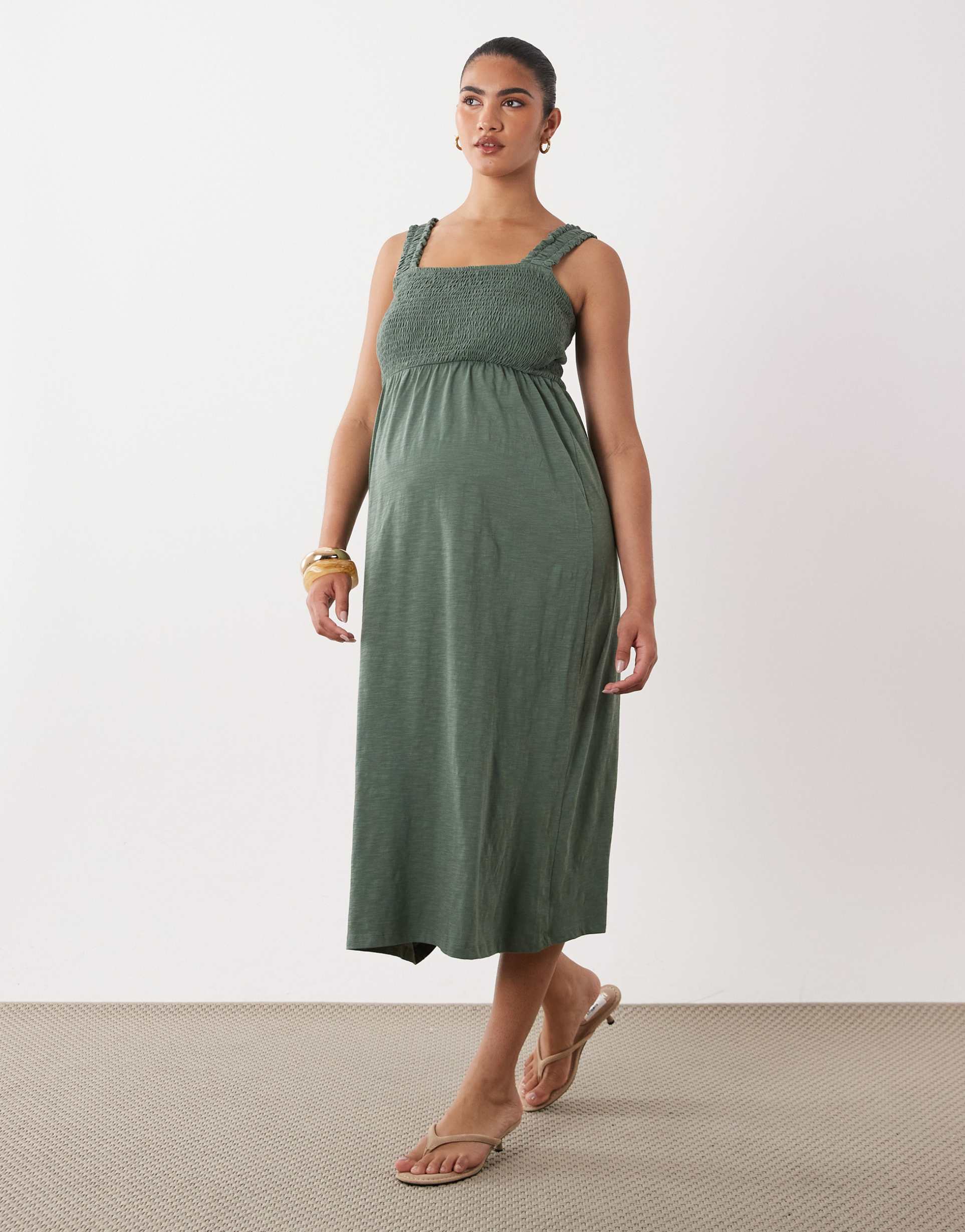 mamalicious maternity shirred bust detail midi dress in laurel green