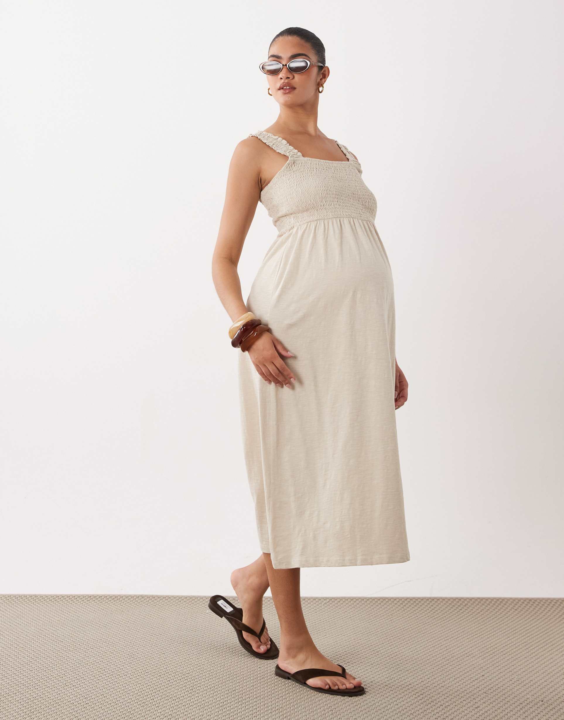 mamalicious maternity shirred bust detail midi dress in stone