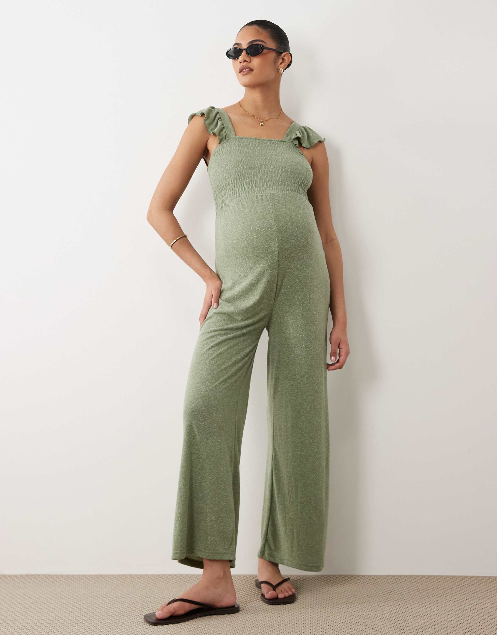mamalicious maternity shirred bust jersey wide leg jumpsuit with frill strap detail in khaki