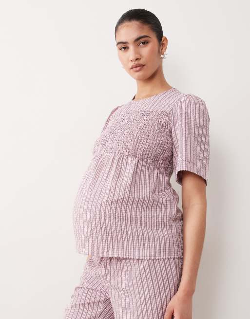 Mamalicious Maternity shirred bust short sleeve top & wide leg pants set in pink gingham print, 3 of 3