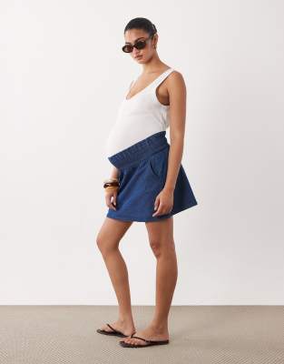 Mama.licious Mamalicious Maternity Shirred Waist Under The Bump Denim Mini Skirt In Blue