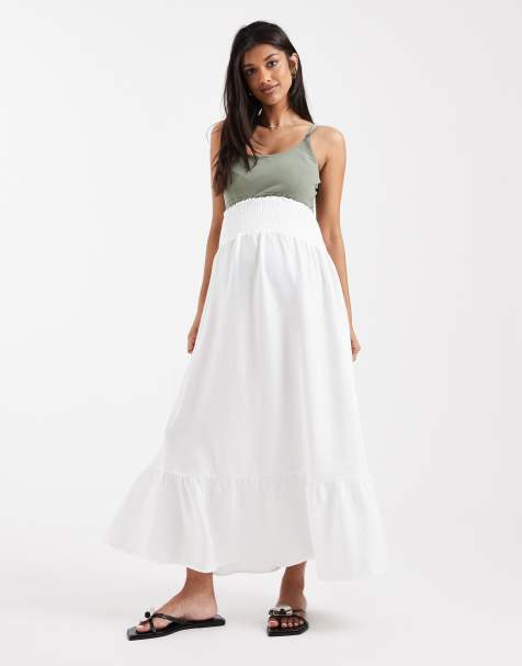 Mamalicious Maternity shirred waistband boho style midi skirt in white - view 1