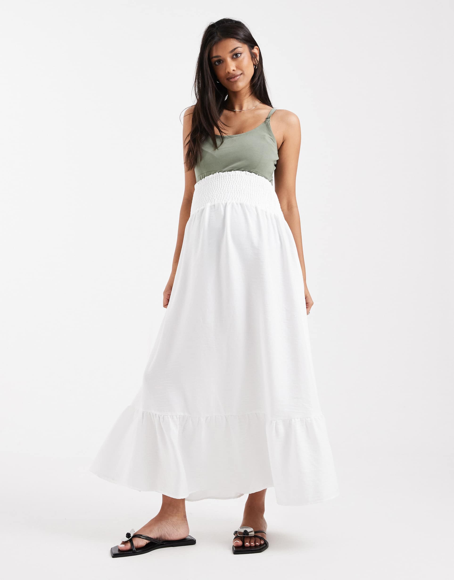 mamalicious maternity shirred waistband boho style midi skirt in white