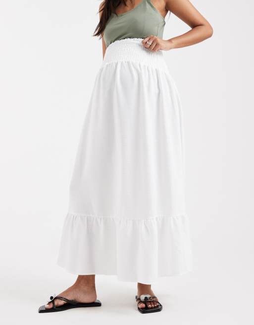Mamalicious Maternity shirred waistband boho style midi skirt in white, 2 of 5