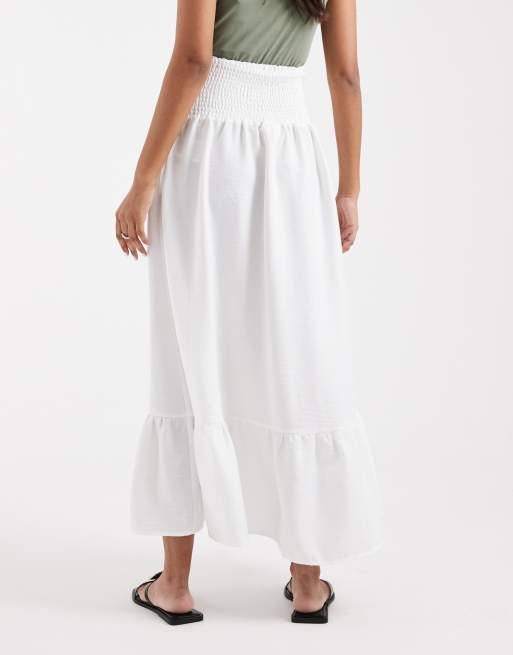 Mamalicious Maternity shirred waistband boho style midi skirt in white, 3 of 5