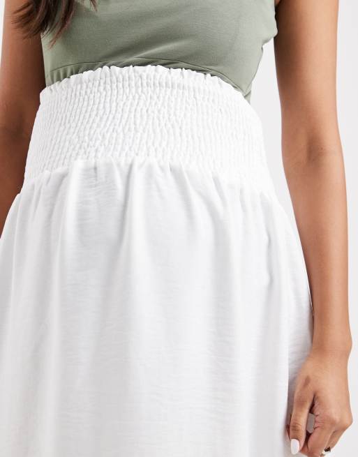 Mamalicious Maternity shirred waistband boho style midi skirt in white, 4 of 5