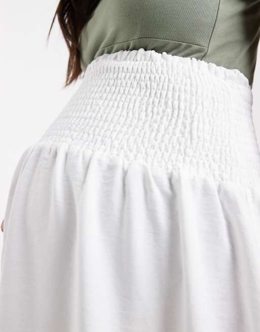Mamalicious Maternity shirred waistband boho style midi skirt in white, 5 of 5