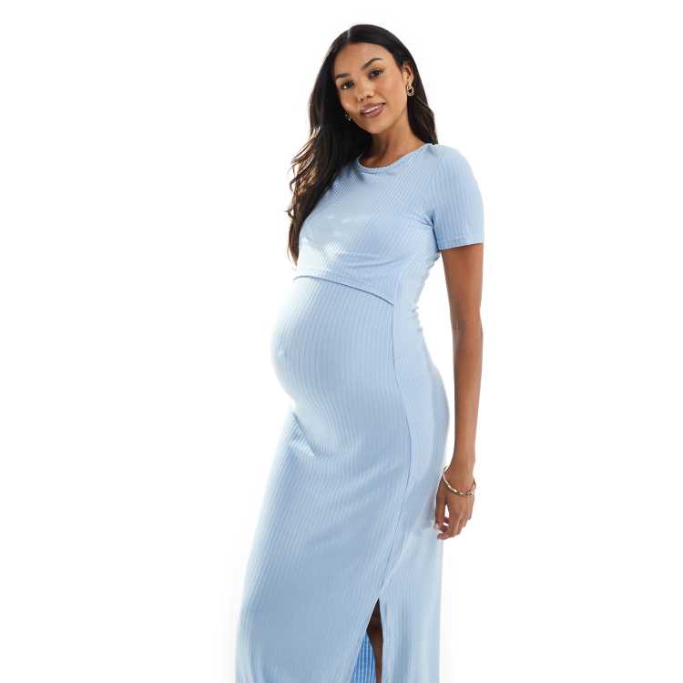 fitted jersey maternity dress Mamalicious short sleeve maxi with hidden nursing overlay in blue Blueberry