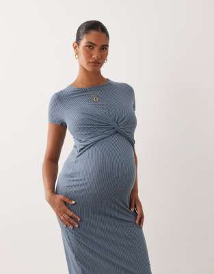 Mama.licious Mamalicious Maternity Short Sleeve Knot Front Midi Dress With Nursing Function In Blue