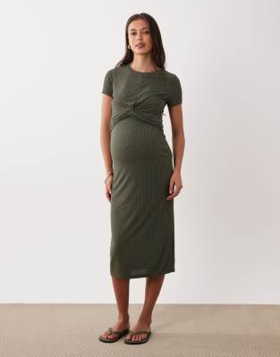 Mama.licious Mamalicious Maternity Short Sleeve Knot Front Midi Dress With Nursing Function In Green