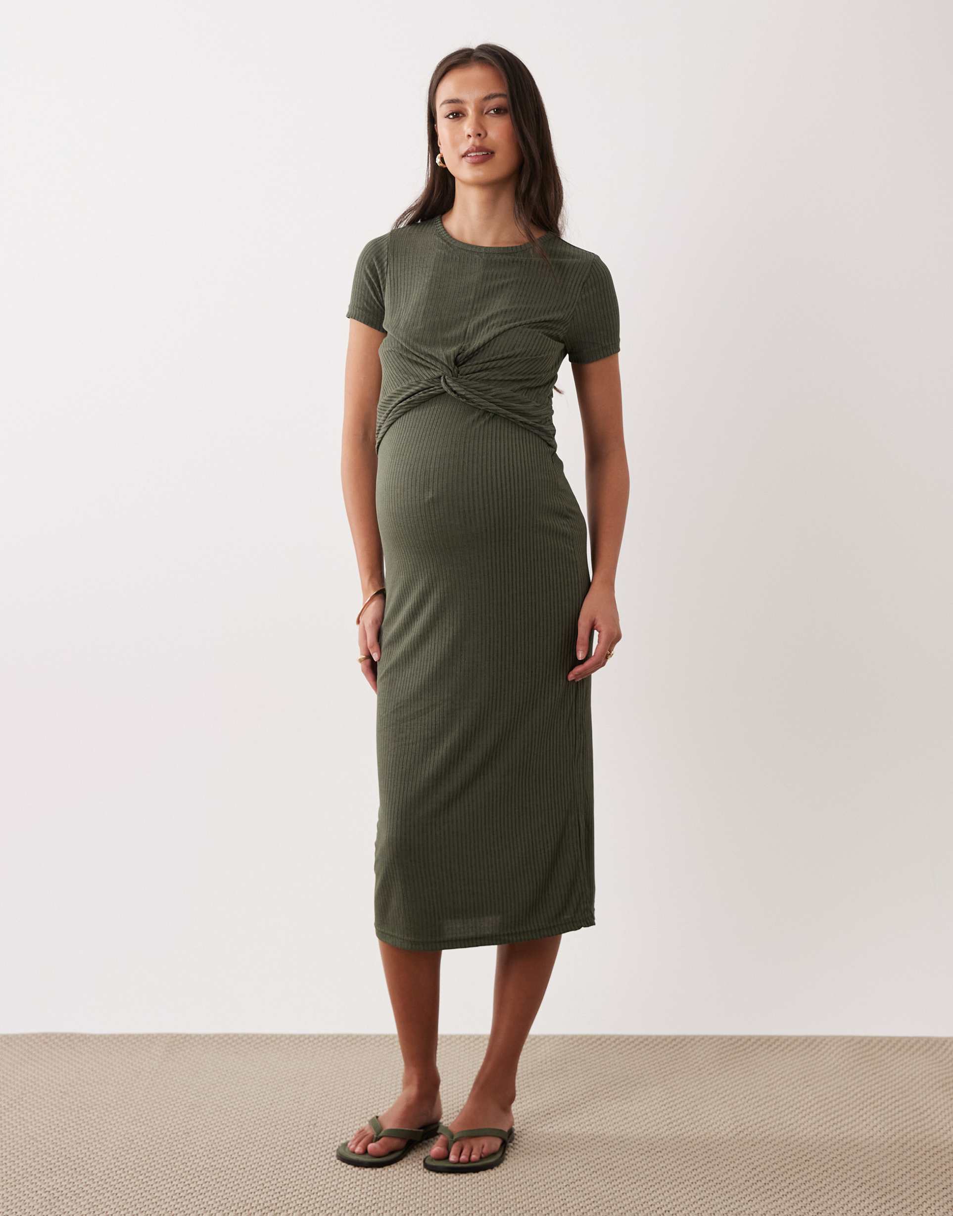 mamalicious maternity short sleeve knot front midi dress with nursing function in dark khaki