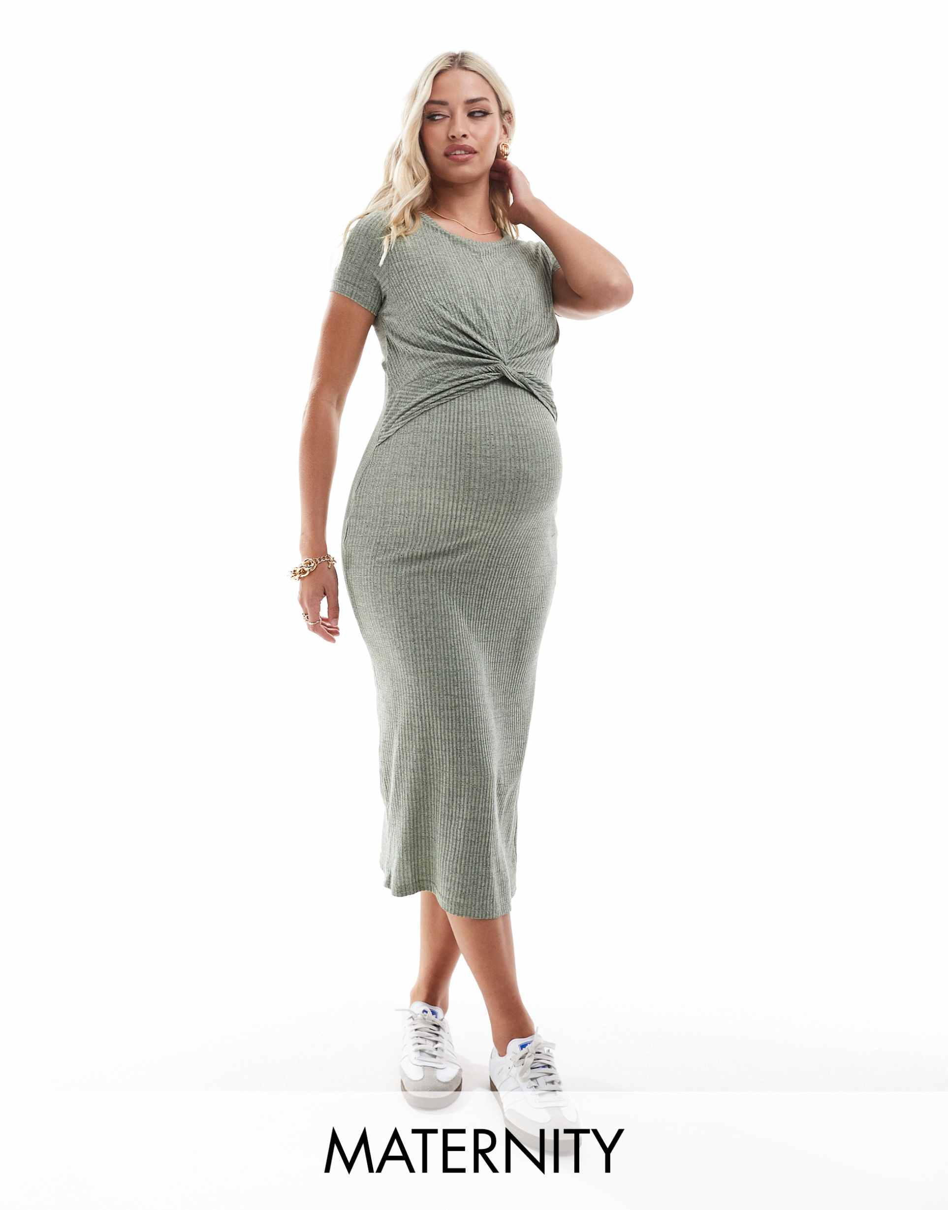 mamalicious maternity short sleeve knot front midi dress with nursing function in green