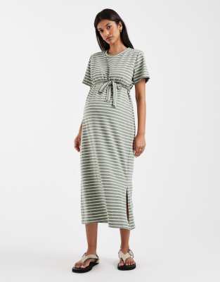 Mama.licious Mamalicious Maternity Short Sleeve Tie Waist 2 Function Nursing Midi Dress In Green