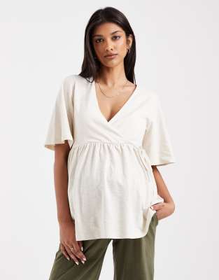 Mama.licious Mamalicious Maternity Short Sleeve Wrap Detail Jersey Nursing Top In Neutral