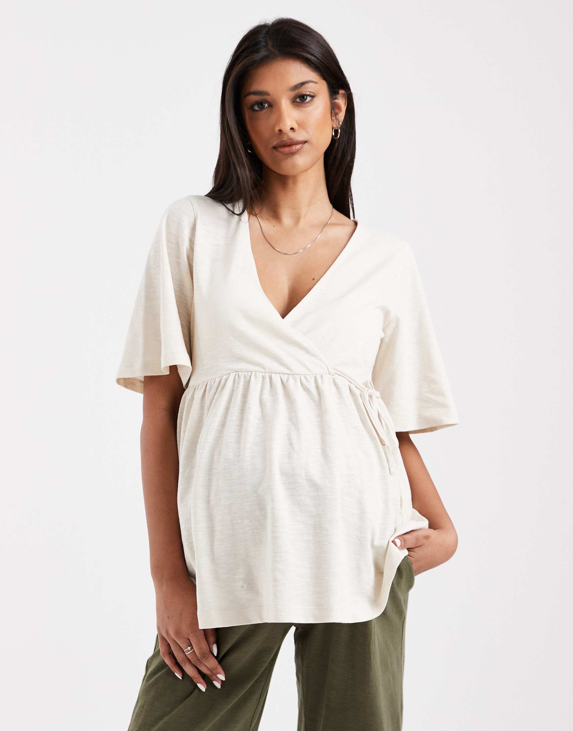 mamalicious maternity short sleeve wrap detail jersey nursing top in cream