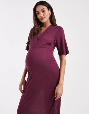 Mama.licious Mamalicious Maternity Short Sleeve Wrap Front Jersey Midi Dress In Red