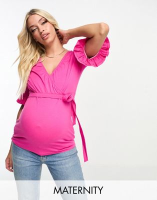 Mamalicious Maternity short sleeve wrap top in pink