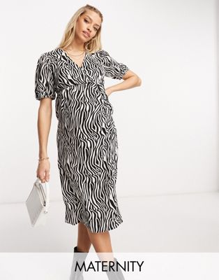 Mamalicious Maternity short sleeved midi dress in zebra print-Black