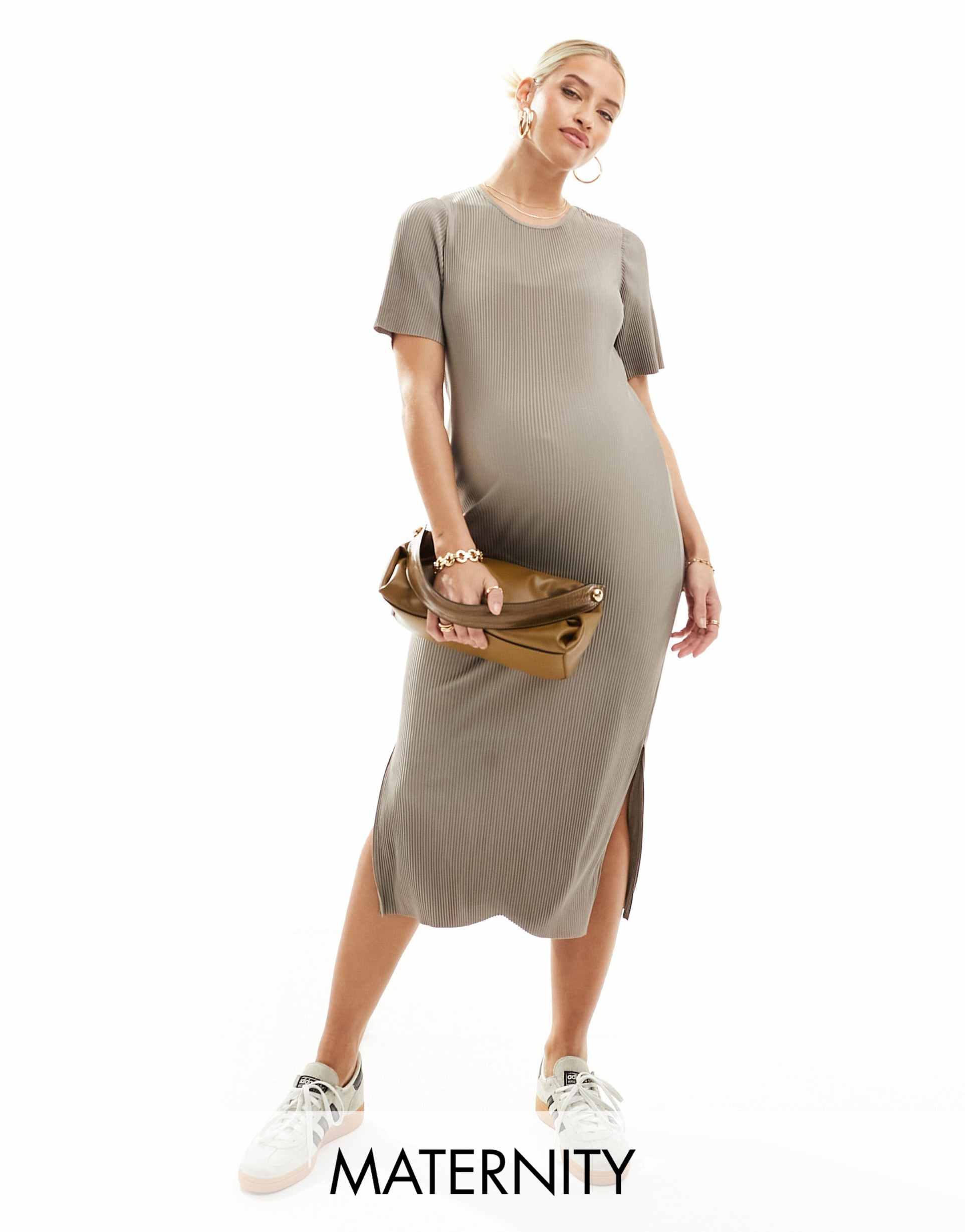 mamalicious maternity short sleeved plisse midi dress in taupe