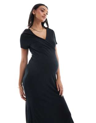 Mama.licious Mamalicious Maternity Short Sleeved Ribbed Jersey Maxi Dress In Black