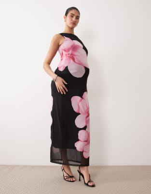 Mama.licious Mamalicious Maternity Sleeveless Mesh Midi Dress In Black