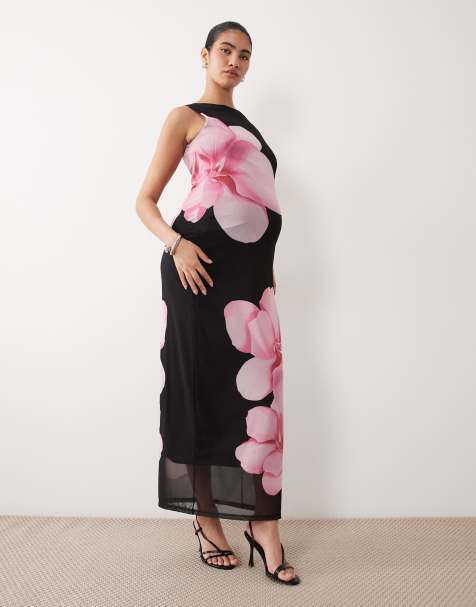 Mamalicious Maternity sleeveless mesh midi dress in black based floral print