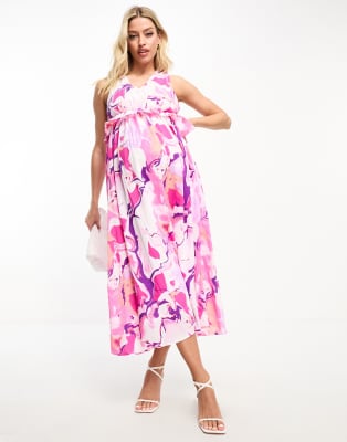 Mamalicious Maternity sleeveless floral midi dress with frill detail-Blue, £31.50