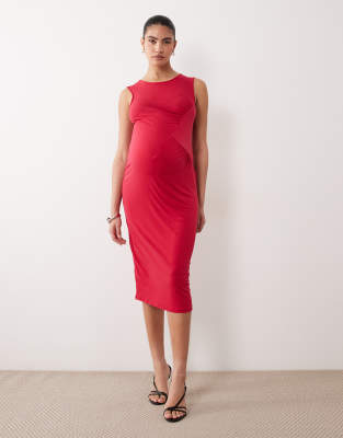 Mama.licious Mamalicious Maternity Sleeveless Side Ruched Detail Slinky Midi Dress In Red