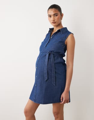 Mama.licious Mamalicious Maternity Sleeveless Tie Waist Button Front Denim Mini Dress In Blue