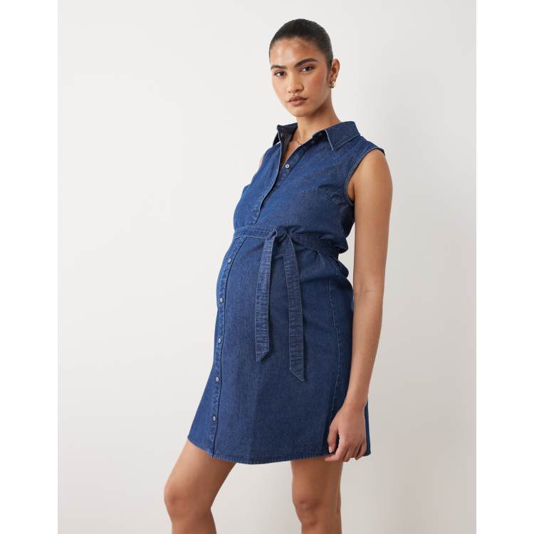 denim pregnancy dress Angel Maternity Margot Maternity Shirred Dress in Light Blue