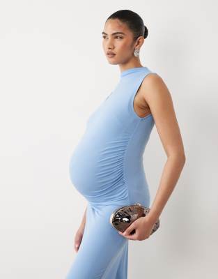 Mamalicious Maternity sleevelss slinky ruched detail midi dress in blue