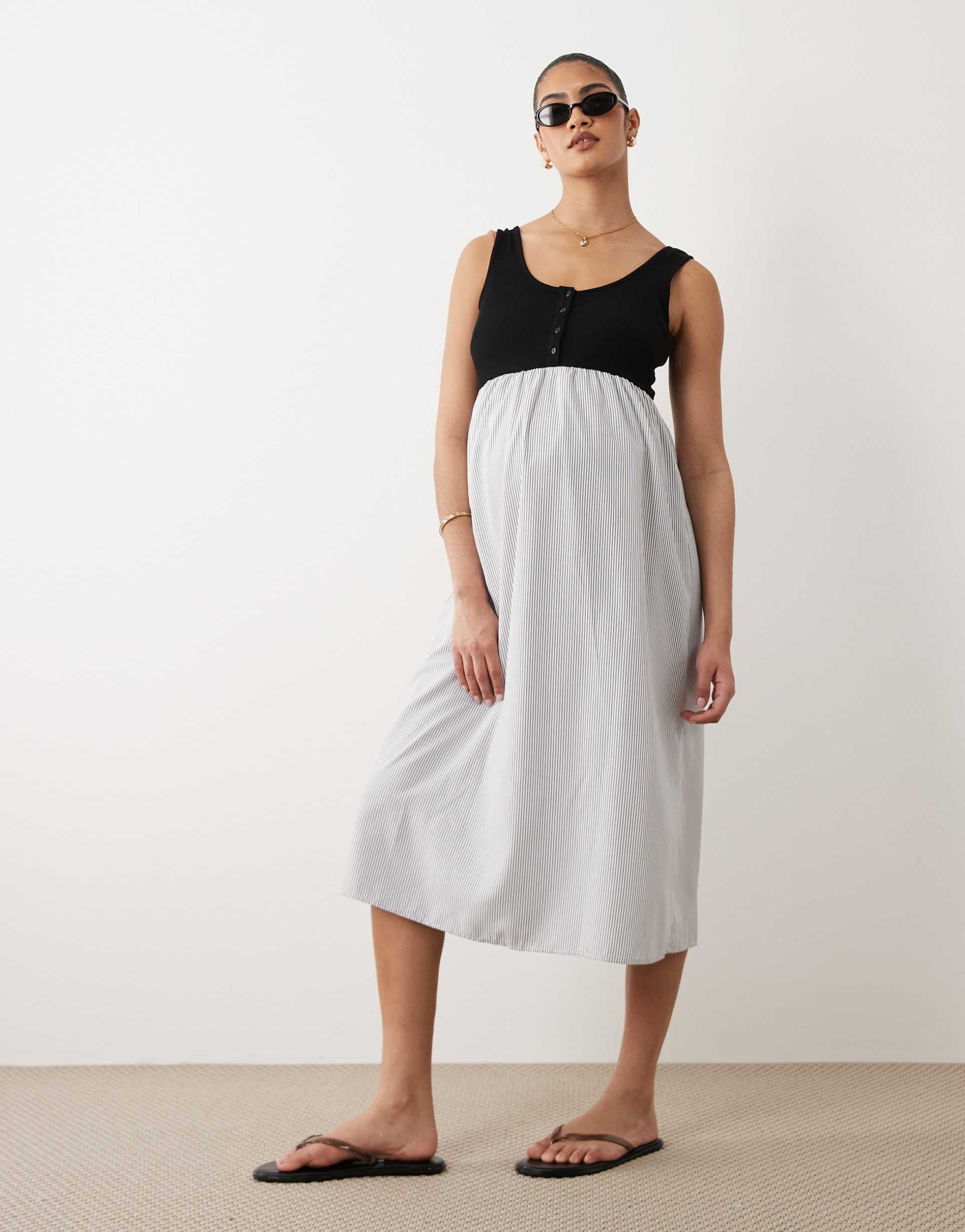 mamalicious maternity sleevless midi dress with contrast stripe skirt detail in black and white